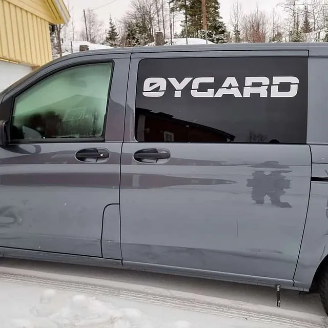 Grå varebil utendørs i snø med synlig bulker og matt lakk.